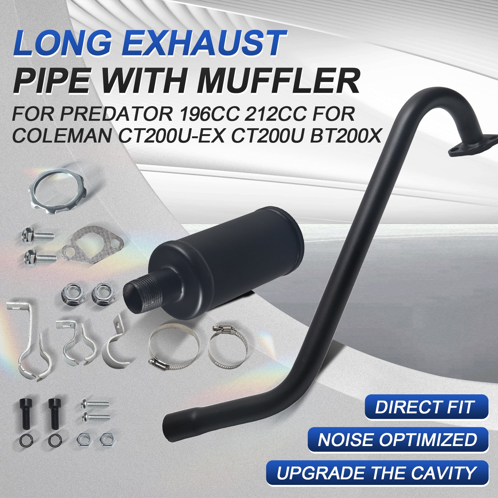 212cc Long Exhaust Pipe with Muffler Fit for Predator 224cc 196cc Mini Bike Coleman CT200U BT200X CT200U-EX Baja Warrior MB200 Axis M200 GX200 6.5hp Clone Engine KT196 Go Kart Parts