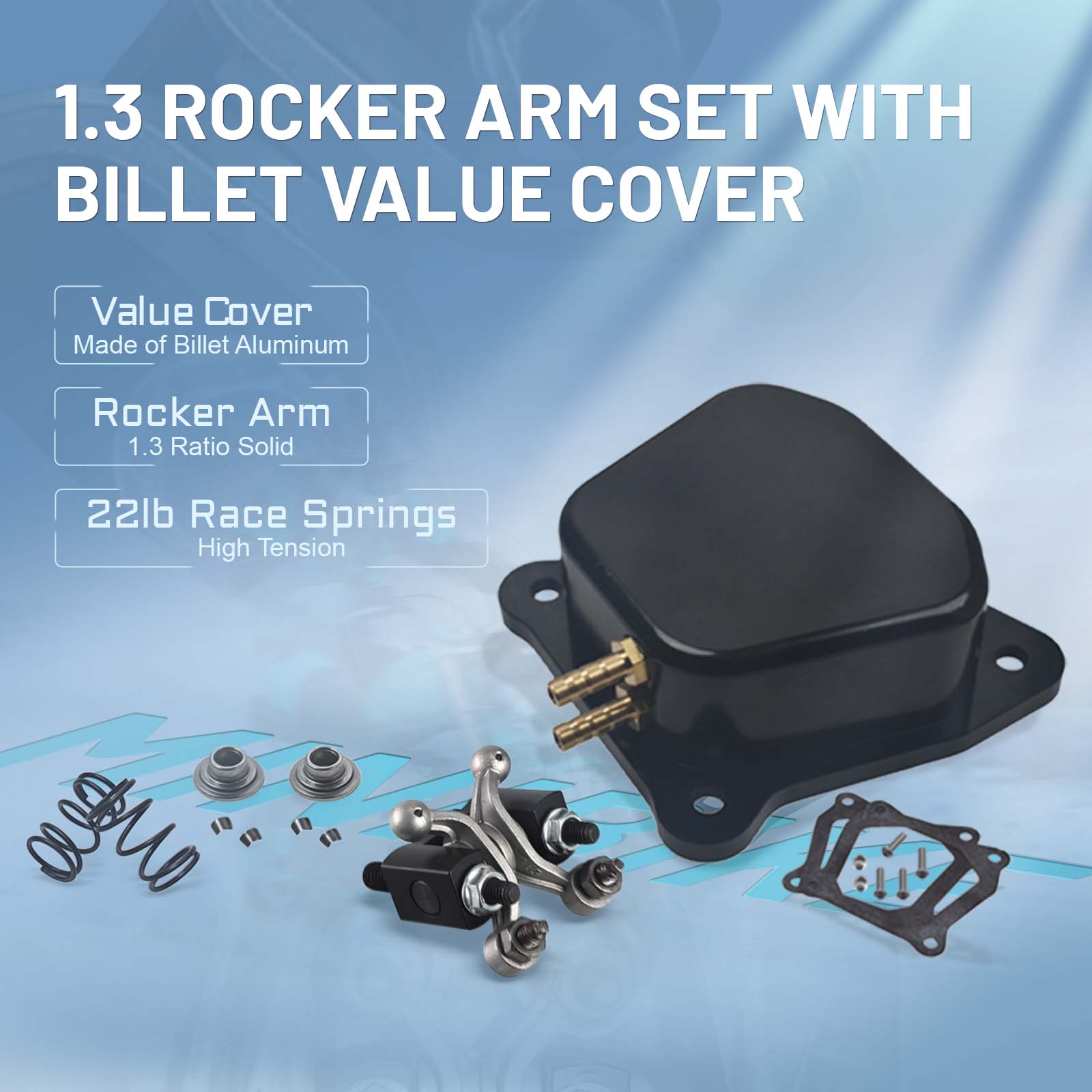 1.3 Ratio Solid cast Racing Shaft Rocker Arm set with billet value cover 22lb race springs for Predator 196cc 212cc 224cc Non Hemi