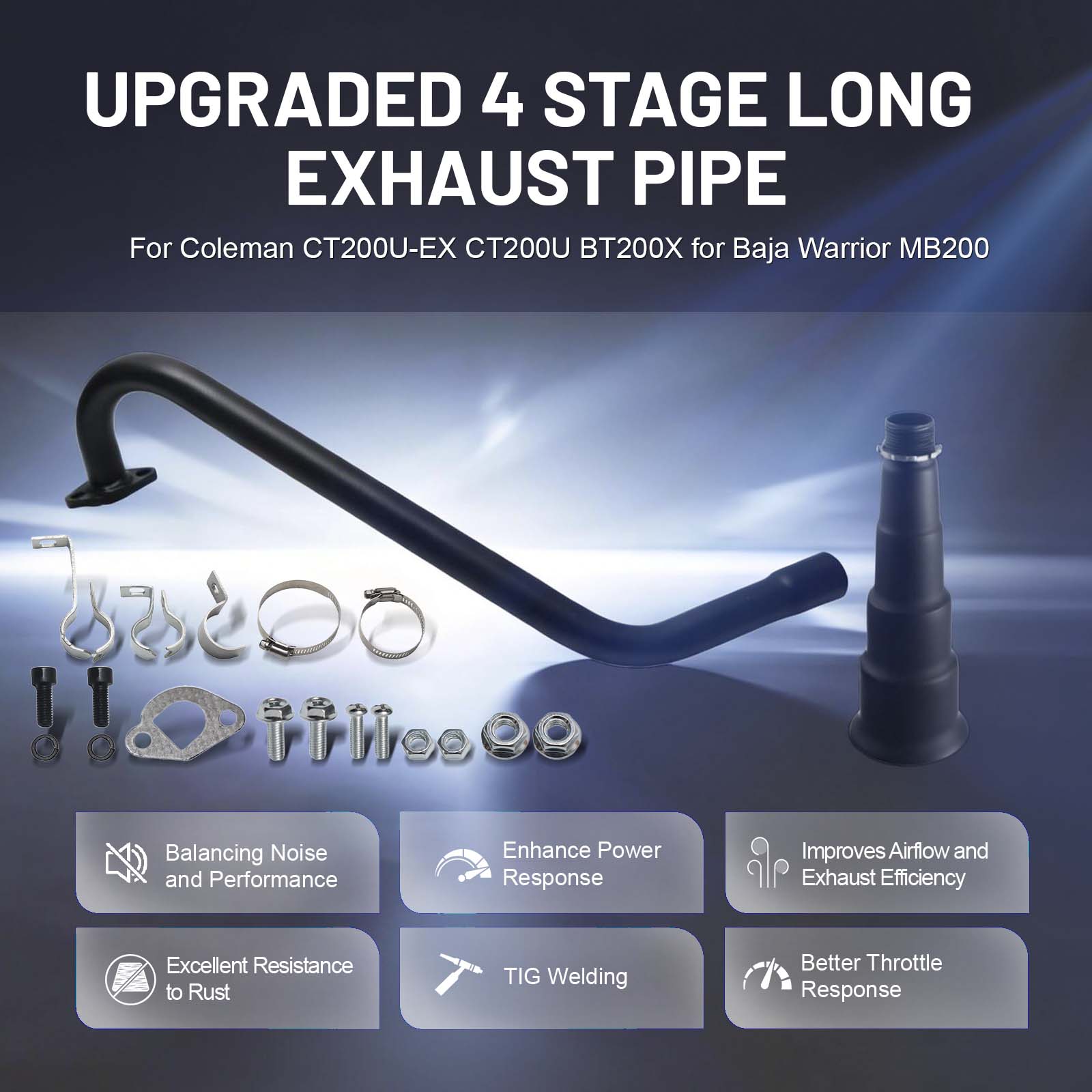 Upgraded 4 Stage Long Exhaust Pipe for Predator 212 exhaust 224cc 196cc for Coleman CT200U-EX CT200U BT200X for Baja Warrior MB200 Axis M200 GX200 6.5hp Clone Engine KT196 Go Kart Parts