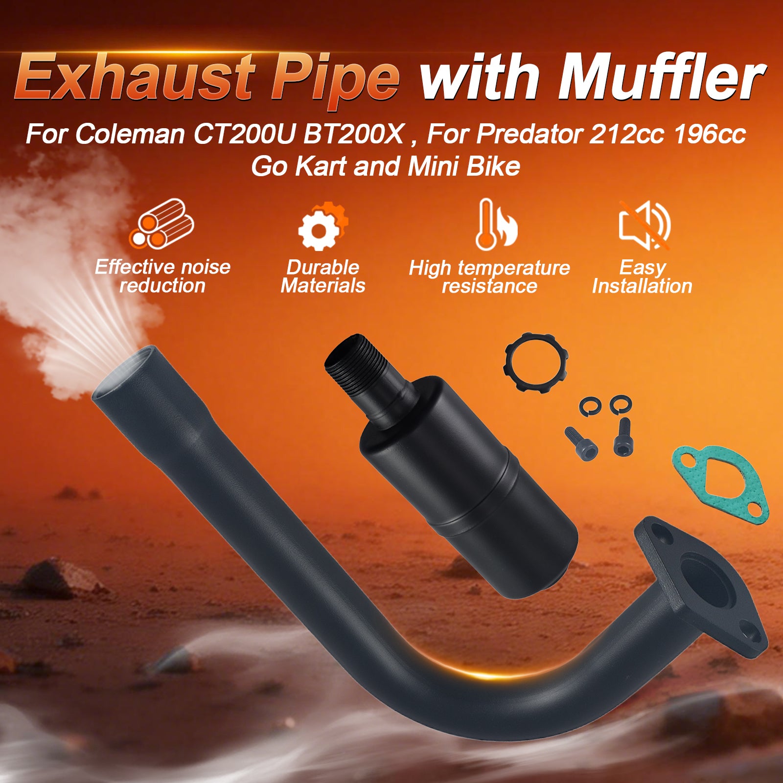 Exhaust Pipe with Muffler For Predator 212cc 196cc/6.5HP,For Coleman CT200U BT200X,Go Kart and Gas Mini Bike Black