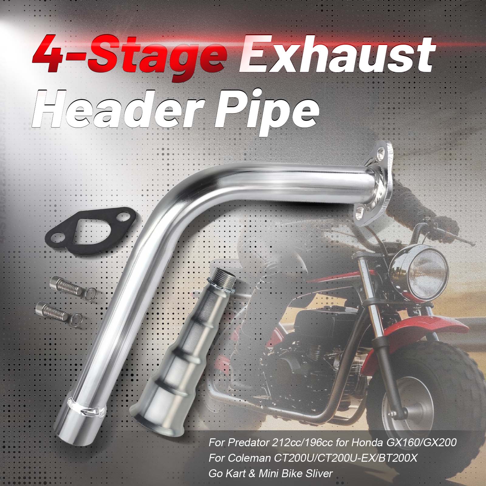 4-Stage Exhaust Header Pipe for Predator 212cc/196cc for Honda GX160/GX200 for Coleman CT200U/CT200U-EX/BT200X Go Kart & Mini Bike Sliver