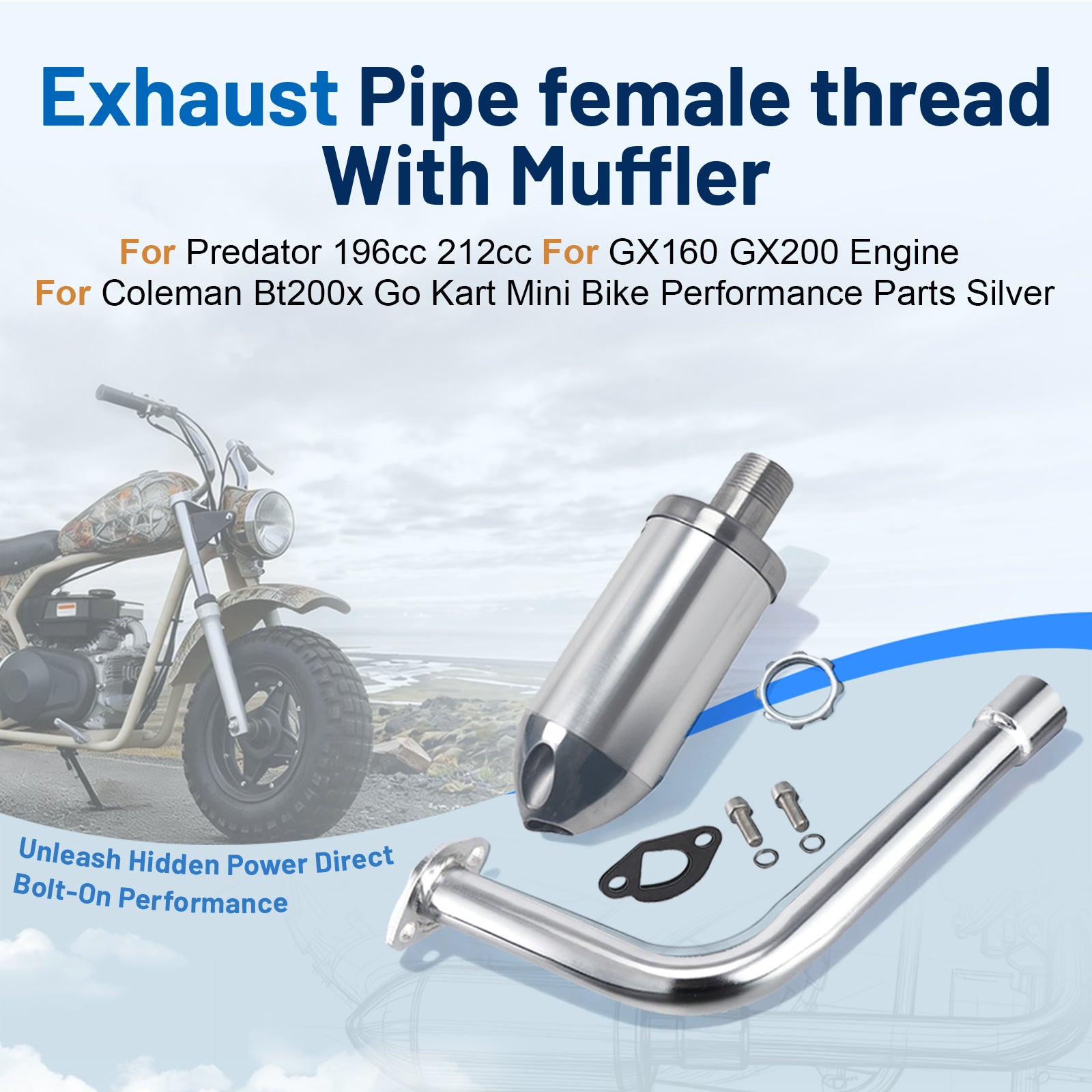 Exhaust Pipe female thread With Muffler For Predator 196cc 212cc for GX160 GX200 Engine for Coleman Bt200x Go Kart Mini Bike Performance Parts Silver