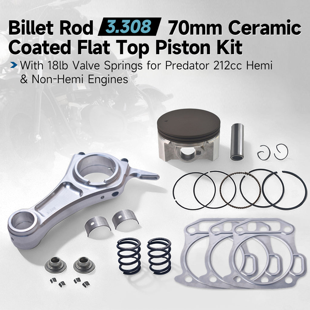 Billet Rod（3.308）70mm Ceramic Coated Flat Top Piston .550 with 18lb Valve Spring Kit for the Harbor Freight Predator 212cc Hemi and Non-Hemi versions Engine Minibike Go Kart Cart