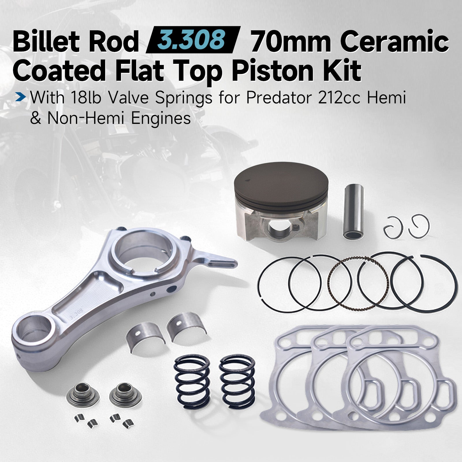 Billet Rod（3.308）70mm Ceramic Coated Flat Top Piston .550 with 18lb Valve Spring Kit for the Harbor Freight Predator 212cc Hemi and Non-Hemi versions Engine Minibike Go Kart Cart