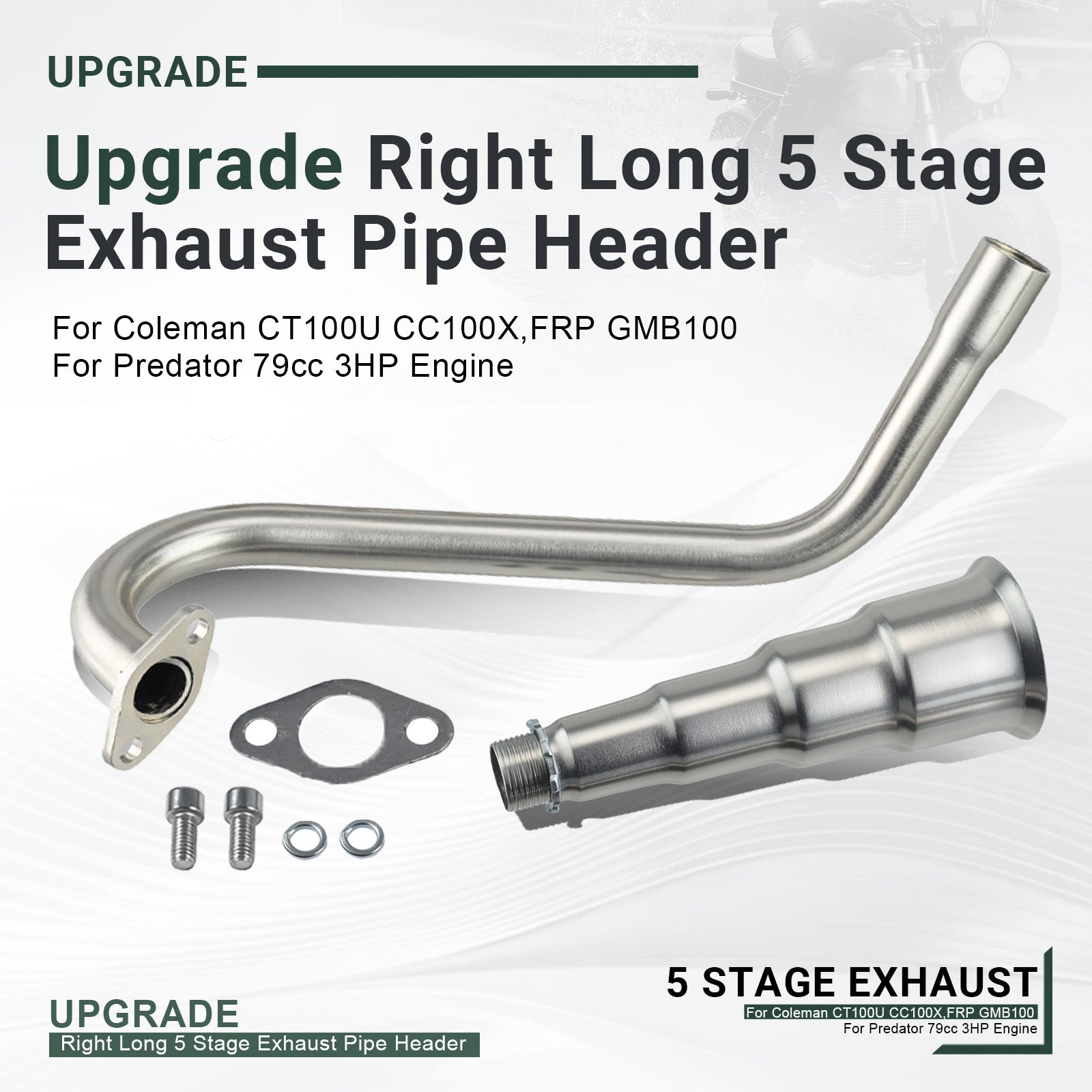 Upgrade Right Long 5 Stage Exhaust Pipe Header For Coleman CT100U CC100X 98cc For FRP GMB100 Mini Bike For Predator 79cc 3hp Engine Mini Bike Silver