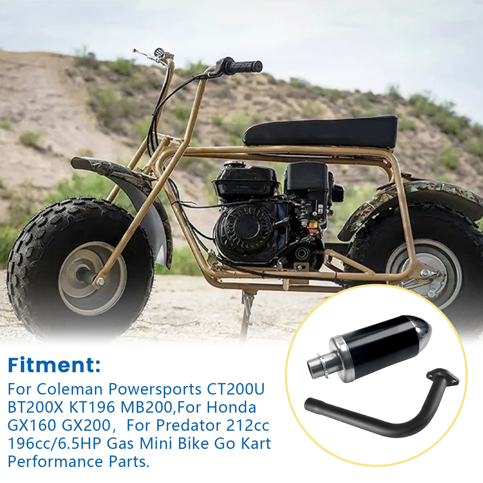 Exhaust Muffler Kit For Coleman Powersports CT200U BT200X KT196 MB200,For Honda GX160 GX200，For Predator 212cc 196cc/6.5HP Gas Mini Bike Go Kart Performance Parts Black