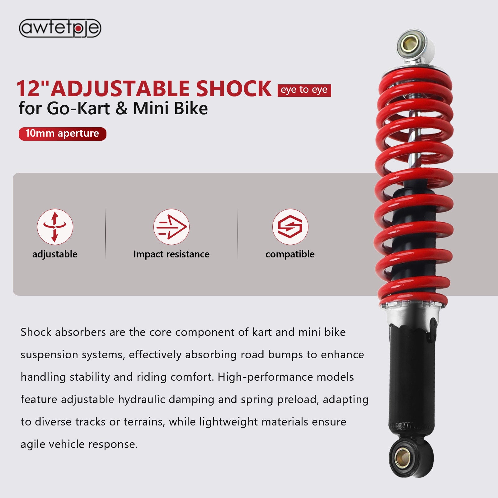 12" Adjustable Shock 10mm ID /12mm ID for Go Kart Minibike