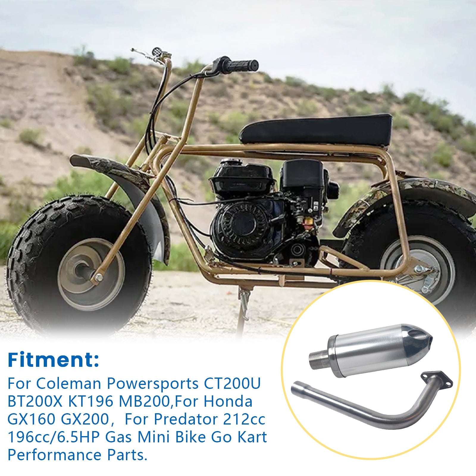Exhaust Muffler Kit For Coleman Powersports CT200U BT200X KT196 MB200,For Honda GX160 GX200，For Predator 212cc 196cc/6.5HP Gas Mini Bike Go Kart Performance Parts Silver