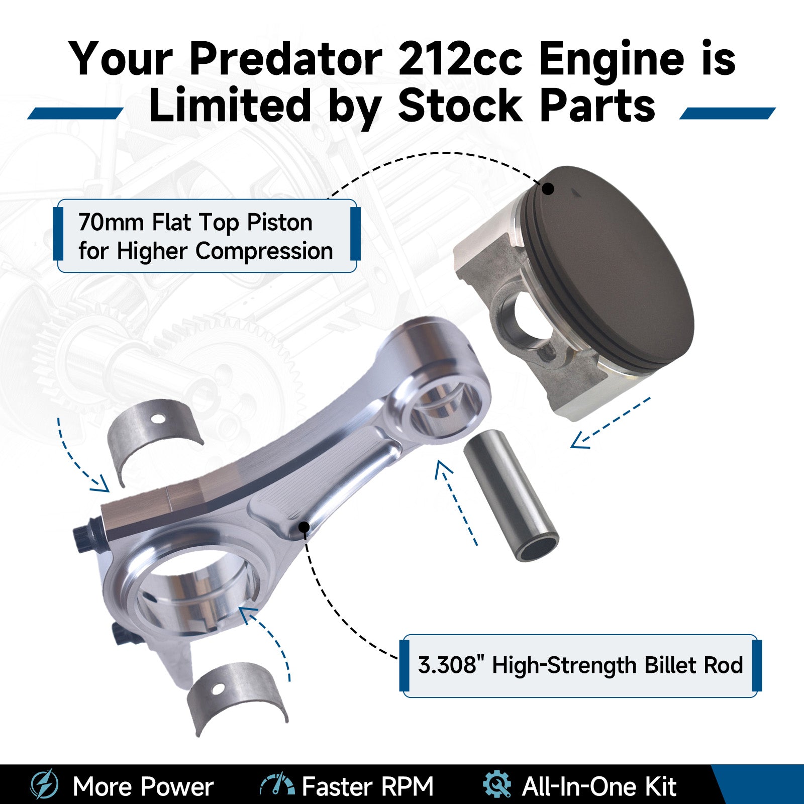 Billet Rod（3.308）70mm Ceramic Coated Flat Top Piston .550 with 18lb Valve Spring Kit for the Harbor Freight Predator 212cc Hemi and Non-Hemi versions Engine Minibike Go Kart Cart