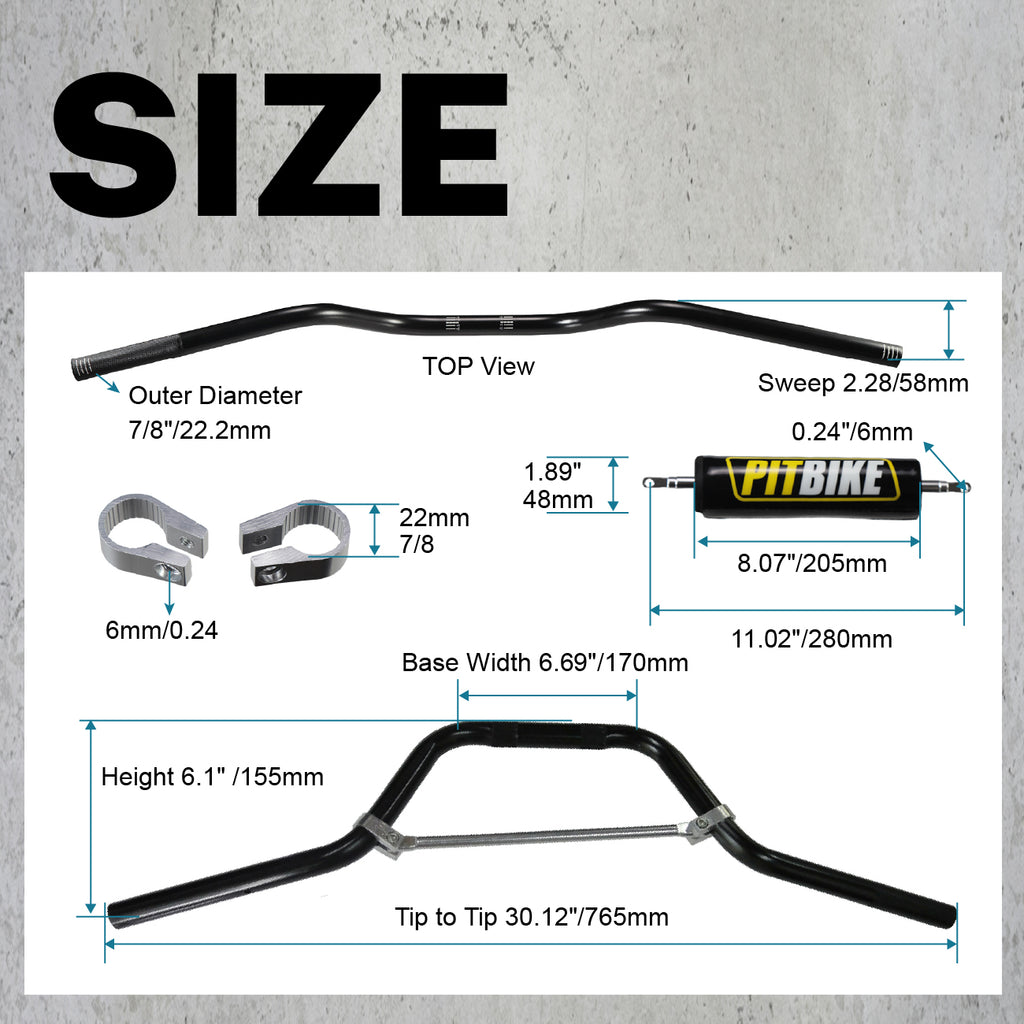7/8" 22mm Dirt Pit Bike Handlebars with Crossbar & Foam Pad Black