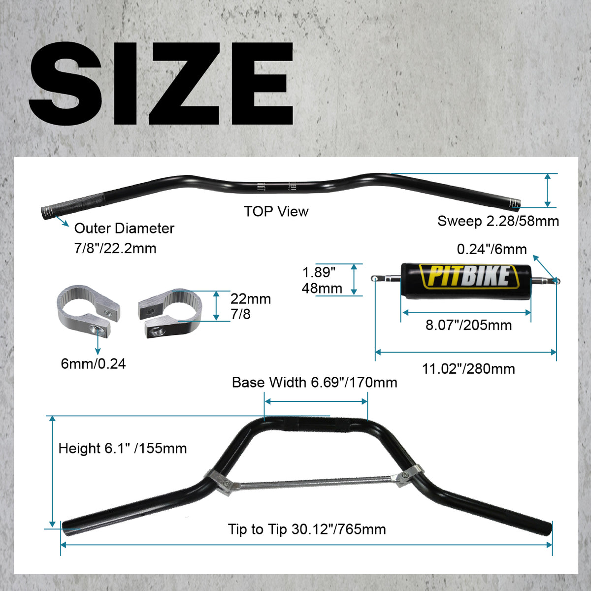 7/8" 22mm Dirt Pit Bike Handlebars with Crossbar & Foam Pad Black