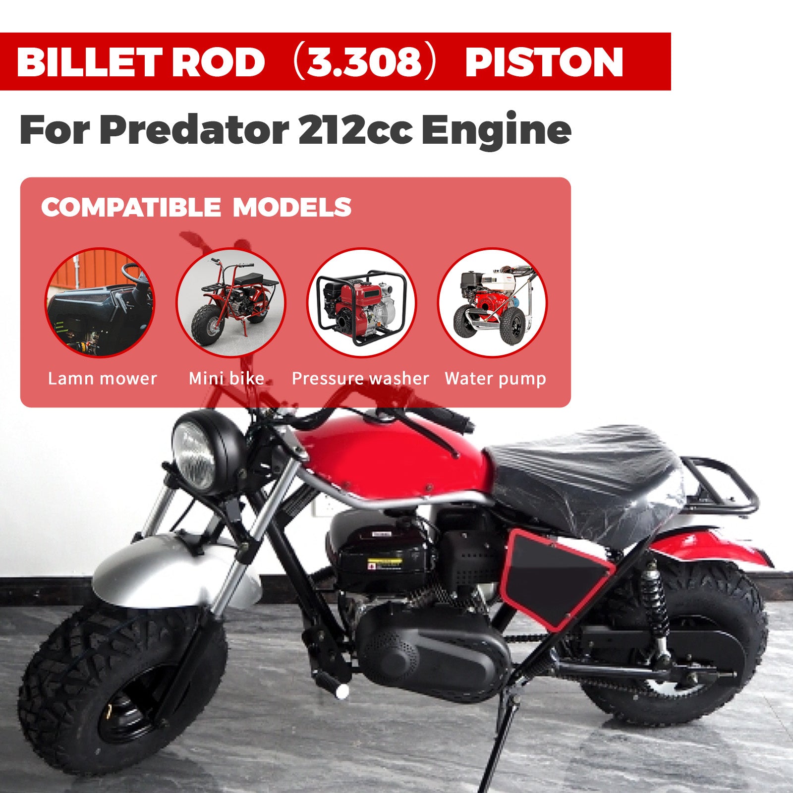 Billet Rod（3.308） Kit 70mm Ceramic Coated Flat Top Piston .550 for the Harbor Freight Predator 212cc Hemi and Non-Hemi versions Engine.