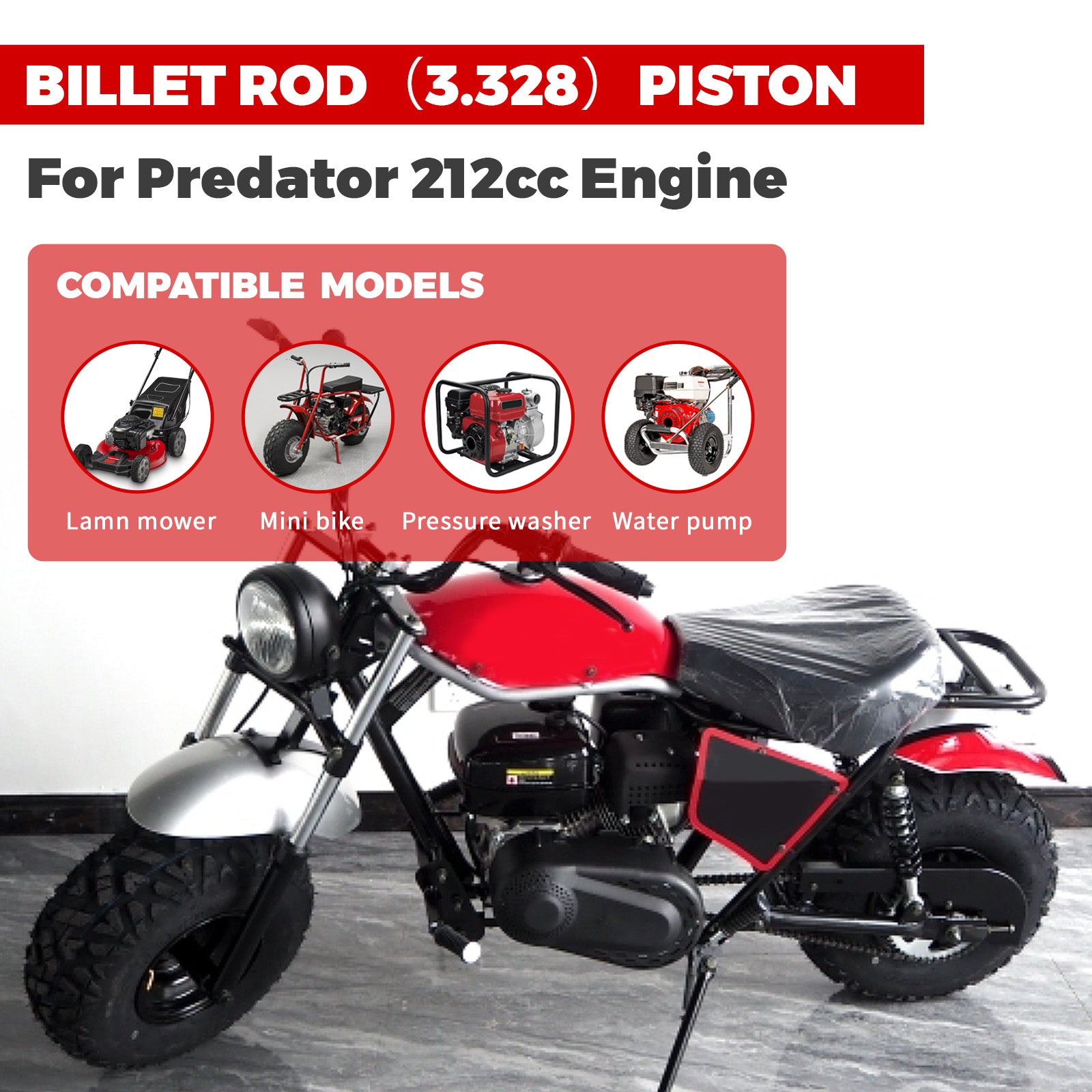 Billet Rod（3.328） Kit 70mm Ceramic Coated Flat Top Piston .550 for the Harbor Freight Predator 212cc Hemi and Non-Hemi versions Engine.