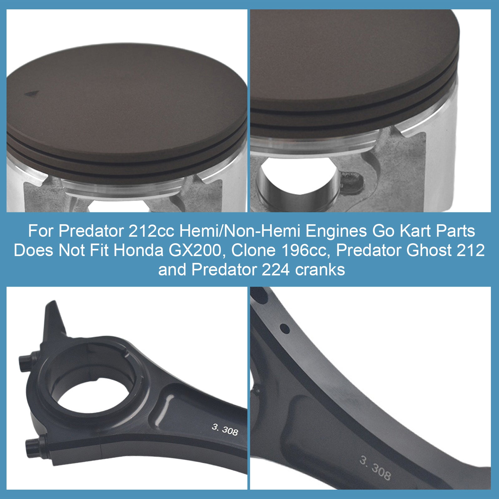 3.308" Billet Aluminum Connecting Rod With 70mm Ceramic Coated Flat Top Piston .550 Gaskets For Predator 212cc Hemi/Non-Hemi Engines Go Kart Parts