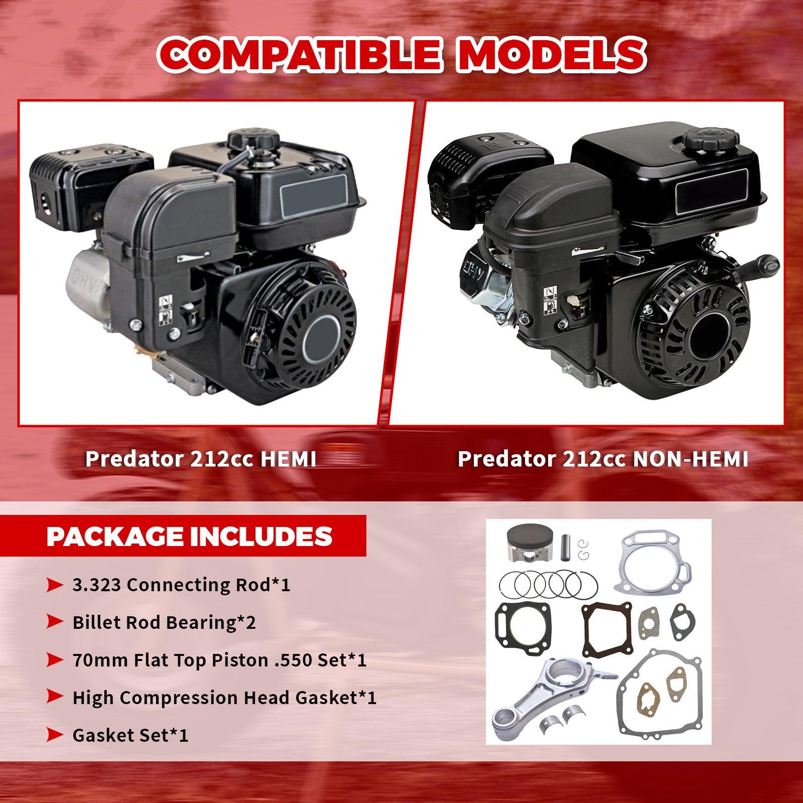 Billet Rod（3.323） Kit 70mm Ceramic Coated Flat Top Piston .550 for Honda GX200 Clone Engine