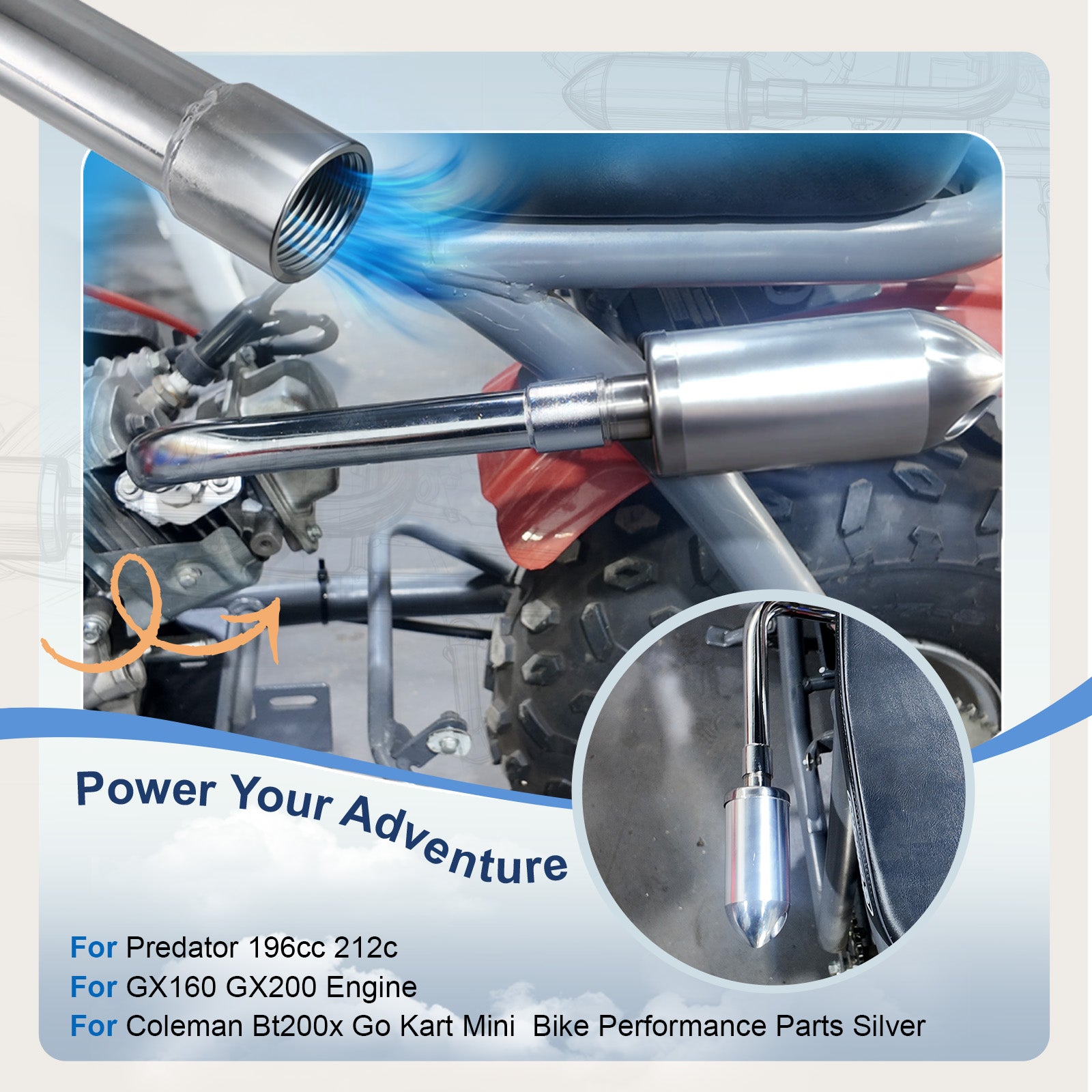 Exhaust Pipe female thread With Muffler For Predator 196cc 212cc for GX160 GX200 Engine for Coleman Bt200x Go Kart Mini Bike Performance Parts Silver