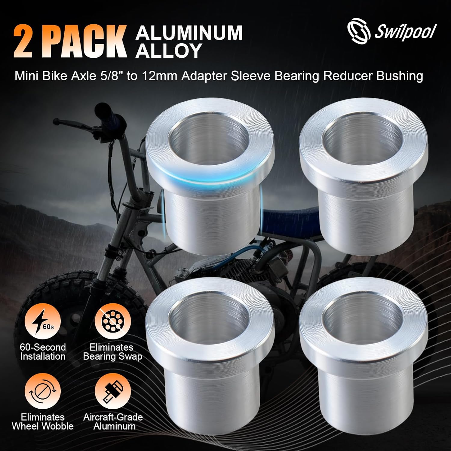 4 Pack 5/8" to 12mm Adapter Sleeve Bearing Reducer Bushing for Mini Bike Axle - Aluminum Alloy