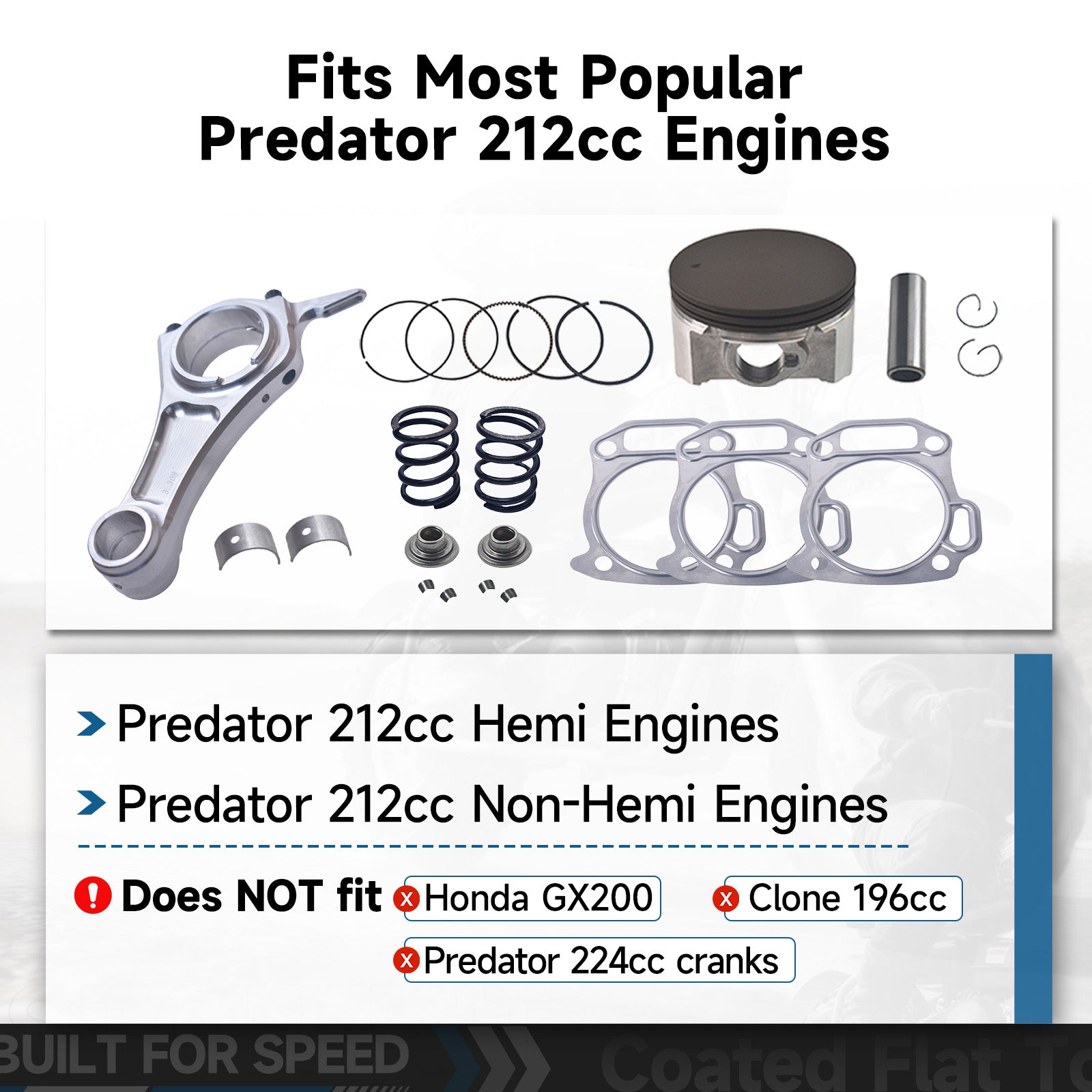 Billet Rod（3.308）70mm Ceramic Coated Flat Top Piston .550 with 18lb Valve Spring Kit for the Harbor Freight Predator 212cc Hemi and Non-Hemi versions Engine Minibike Go Kart Cart