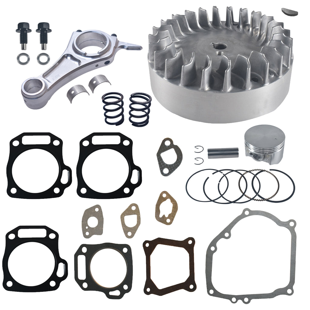 3.323"+.020 Billet Aluminum Connecting Rod And 10krpm Flywheel With 18lb Valve Spring And 70mm Flat Top Piston Kit For Honda GX200 Non-Hemi Engine Go Kart Cart
