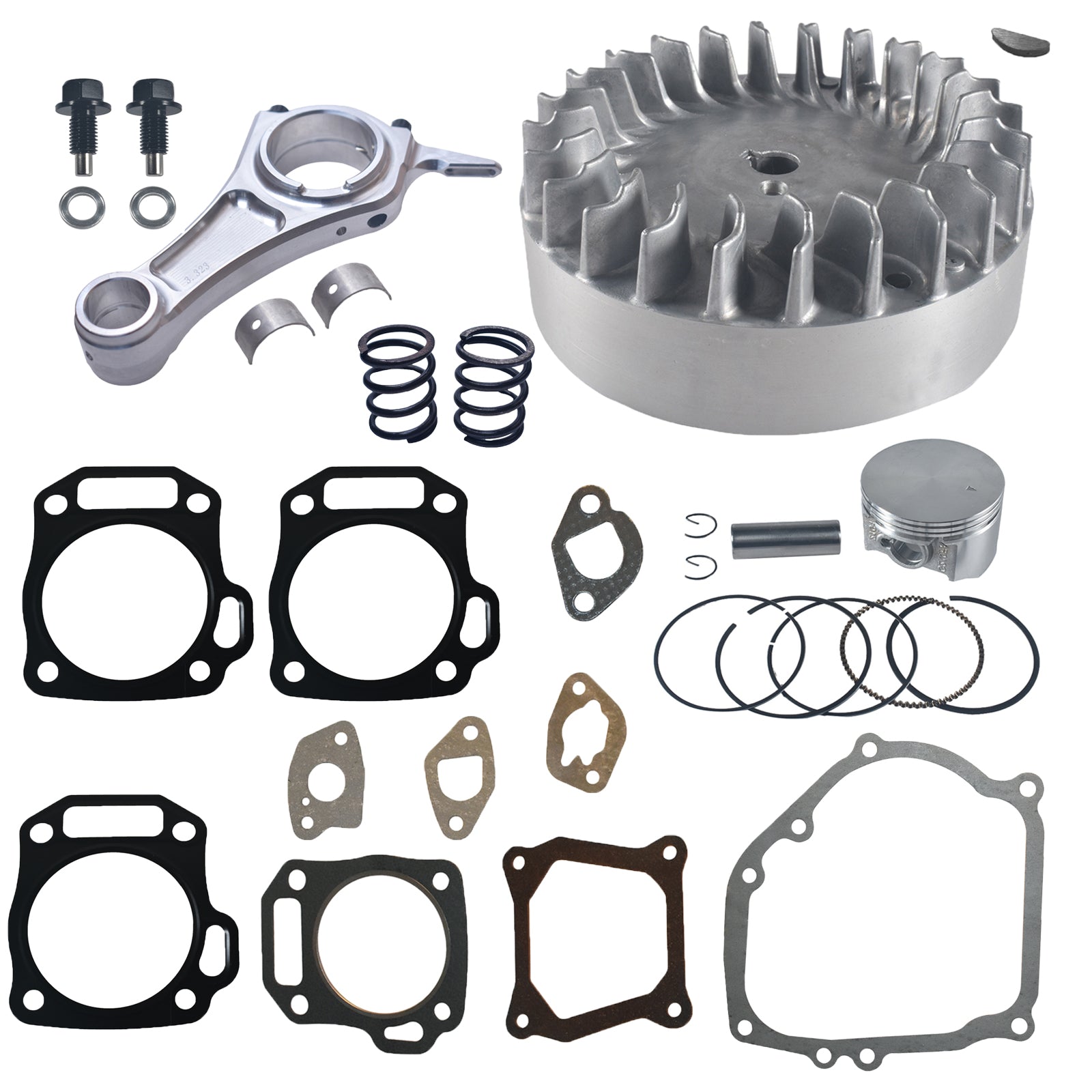 3.323"+.020 Billet Aluminum Connecting Rod And 10krpm Flywheel With 18lb Valve Spring And 70mm Flat Top Piston Kit For Honda GX200 Non-Hemi Engine Go Kart Cart