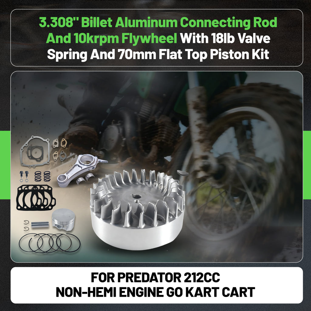 3.308" Billet Aluminum Connecting Rod And 10krpm Flywheel With 26lb Valve Spring And 70mm Flat Top Piston Kit For Predator 212cc Non-Hemi Engine Go Kart Cart