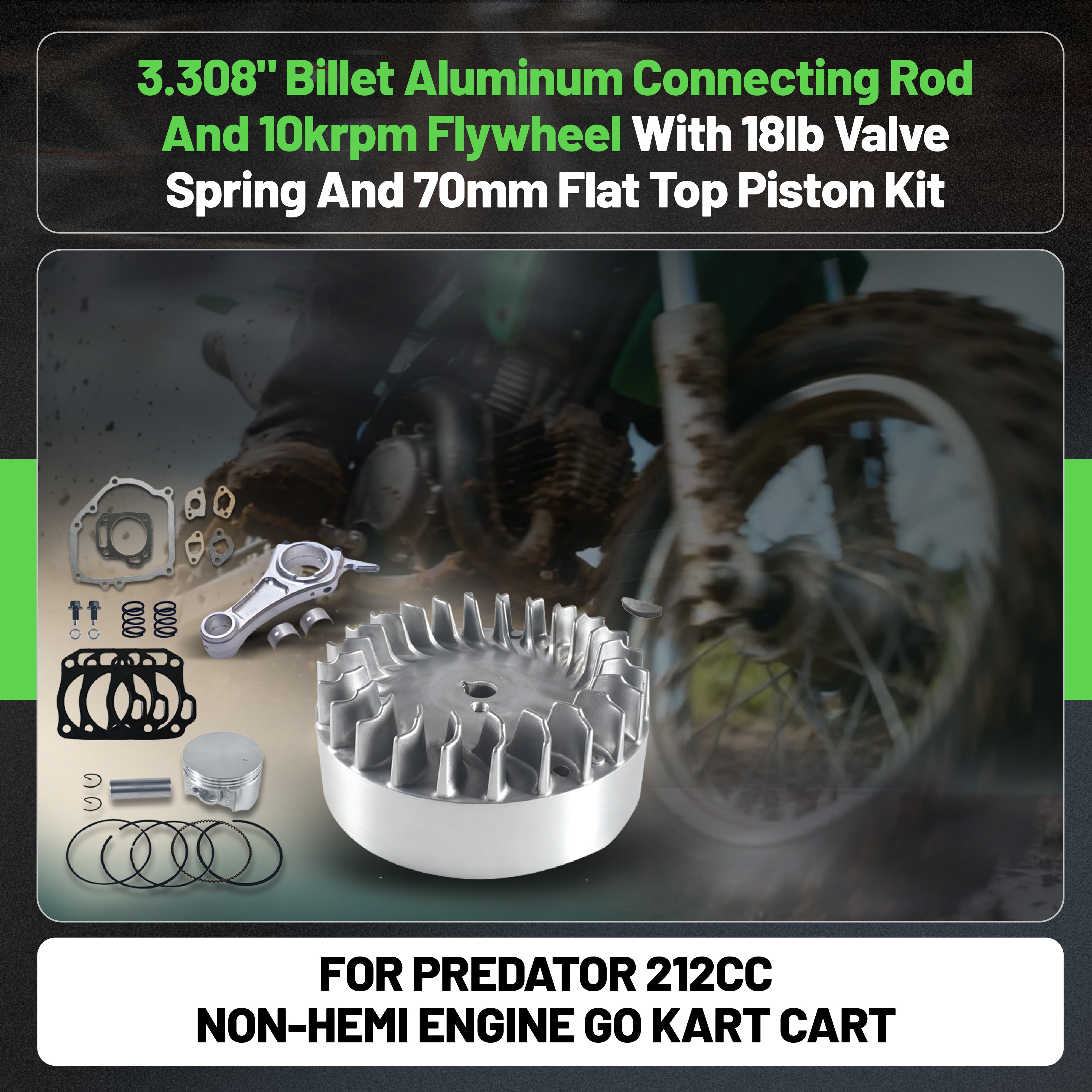 3.308" Billet Aluminum Connecting Rod And 10krpm Flywheel With 26lb Valve Spring And 70mm Flat Top Piston Kit For Predator 212cc Non-Hemi Engine Go Kart Cart