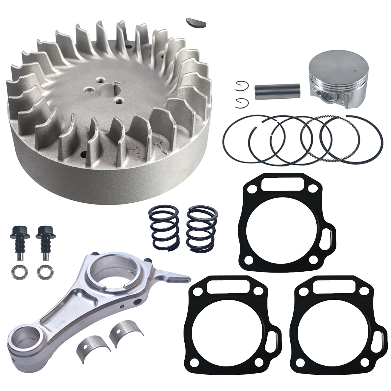 3.308" Billet Aluminum Connecting Rod And 10krpm Flywheel With 18lb Valve Spring And 70mm Flat Top Piston Kit For Predator 212cc Only Hemi Engine Go Kart Cart