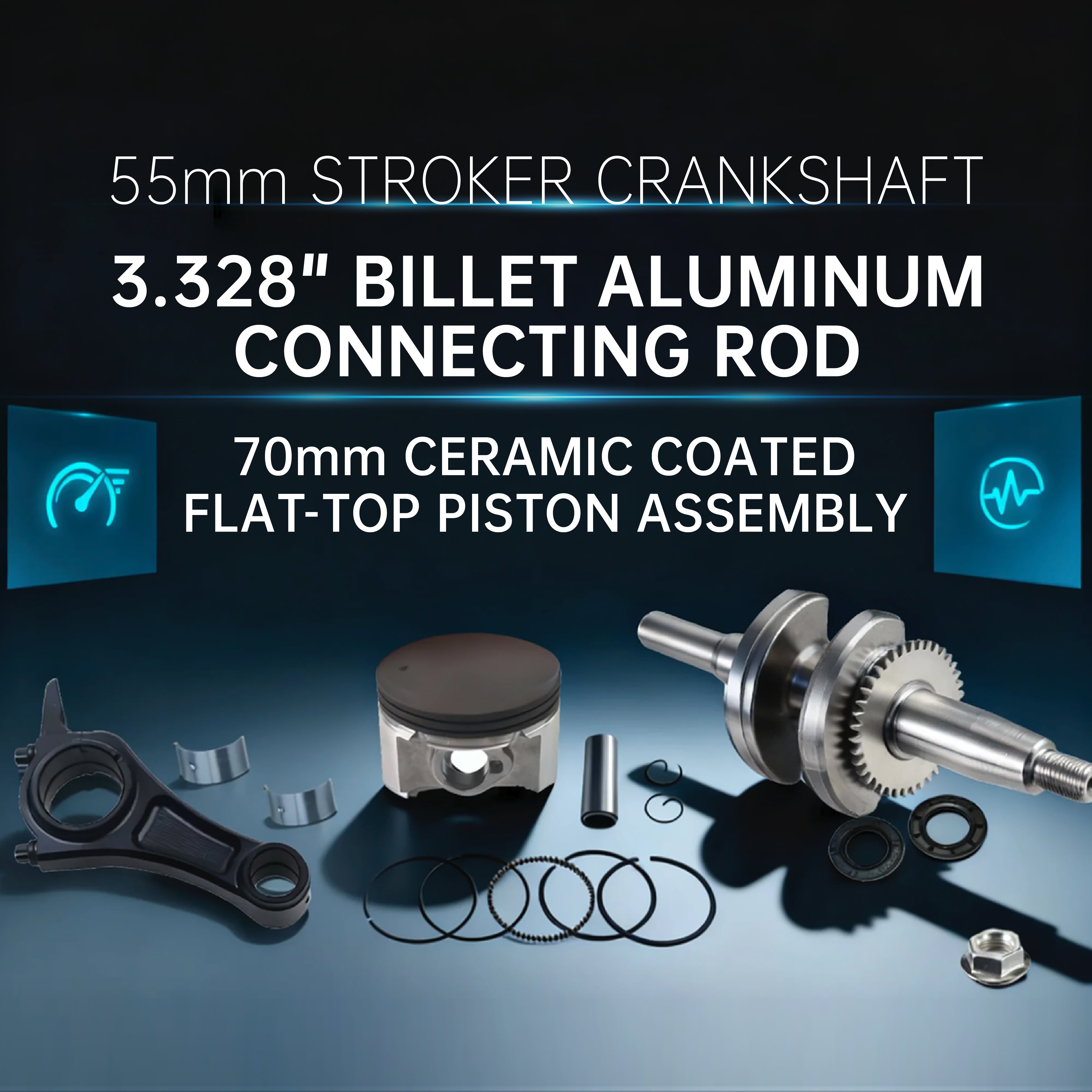 55mm Stroker Crankshaft 3.328" Billet Aluminum Connecting Rod 70mm Ceramic Coated Flat-Top Piston Stroker Rotating Assembly For Predator 212cc Hemi Engine Go Kart Mini Bike Black