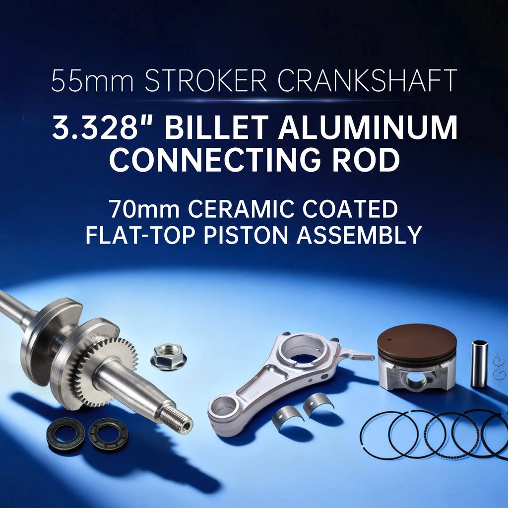 55mm Stroker Crankshaft 3.328" Billet Aluminum Connecting Rod 70mm Ceramic Coated Flat-Top Piston Stroker Rotating Assembly For Predator 212cc Hemi Engine Go Kart Mini Bike Silver