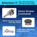 55mm Stroker Crankshaft 3.328" Billet Aluminum Connecting Rod 70mm Ceramic Coated Flat-Top Piston Stroker Rotating Assembly For Predator 212cc Hemi Engine Go Kart Mini Bike Silver
