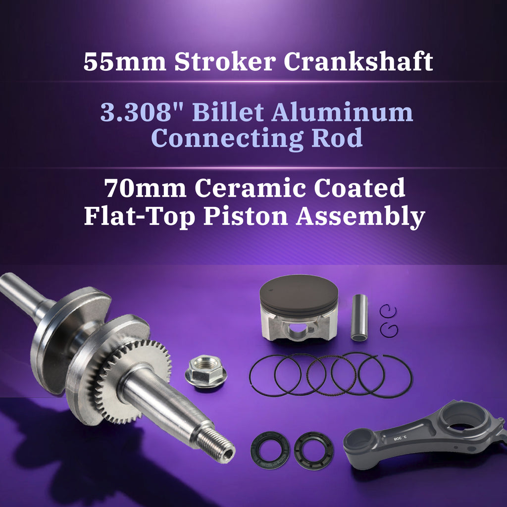 55mm Stroker Crankshaft 3.308" Billet Aluminum Connecting Rod 70mm Ceramic Coated Flat-Top Piston Stroker Rotating Assembly For Predator 212cc Hemi Engine Go Kart Mini Bike Black