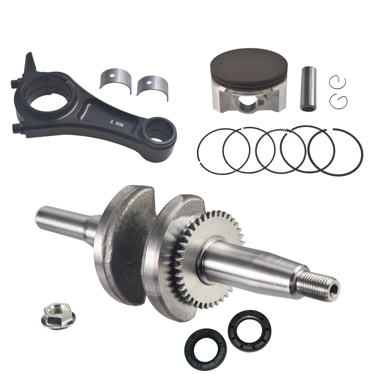 55mm Stroker Crankshaft 3.308" Billet Aluminum Connecting Rod 70mm Ceramic Coated Flat-Top Piston Stroker Rotating Assembly For Predator 212cc Hemi Engine Go Kart Mini Bike Black