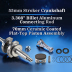 55mm Stroker Crankshaft 3.308" Billet Aluminum Connecting Rod 70mm Ceramic Coated Flat-Top Piston Stroker Rotating Assembly For Predator 212cc Hemi Engine Go Kart Mini Bike Silver