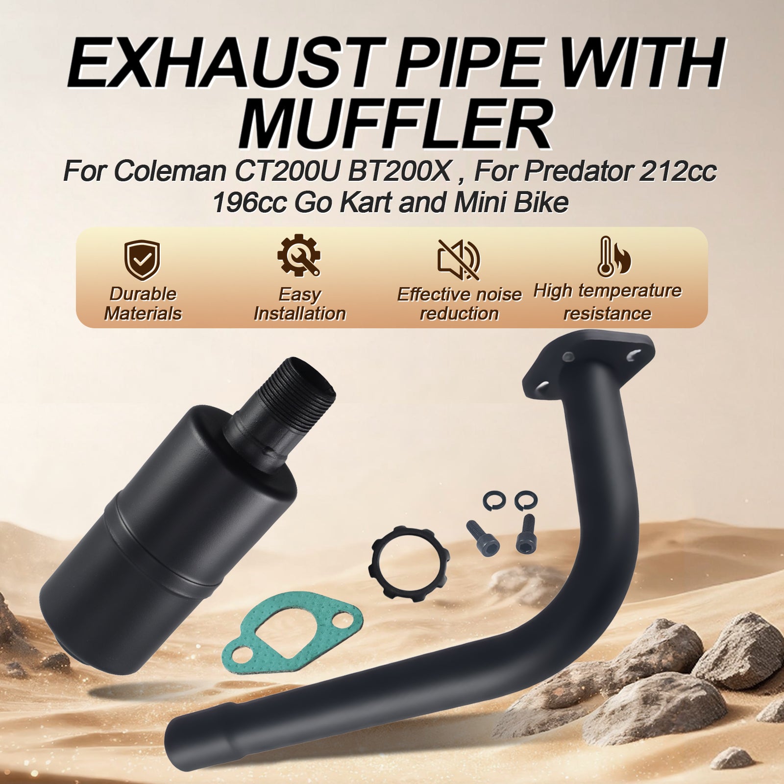 212cc Exhaust Pipe with Muffler For Coleman CT200U BT200X KT196 RB200 MB200,For Predator 212cc 196cc/6.5HP Go Kart and Gas Mini Bike Black