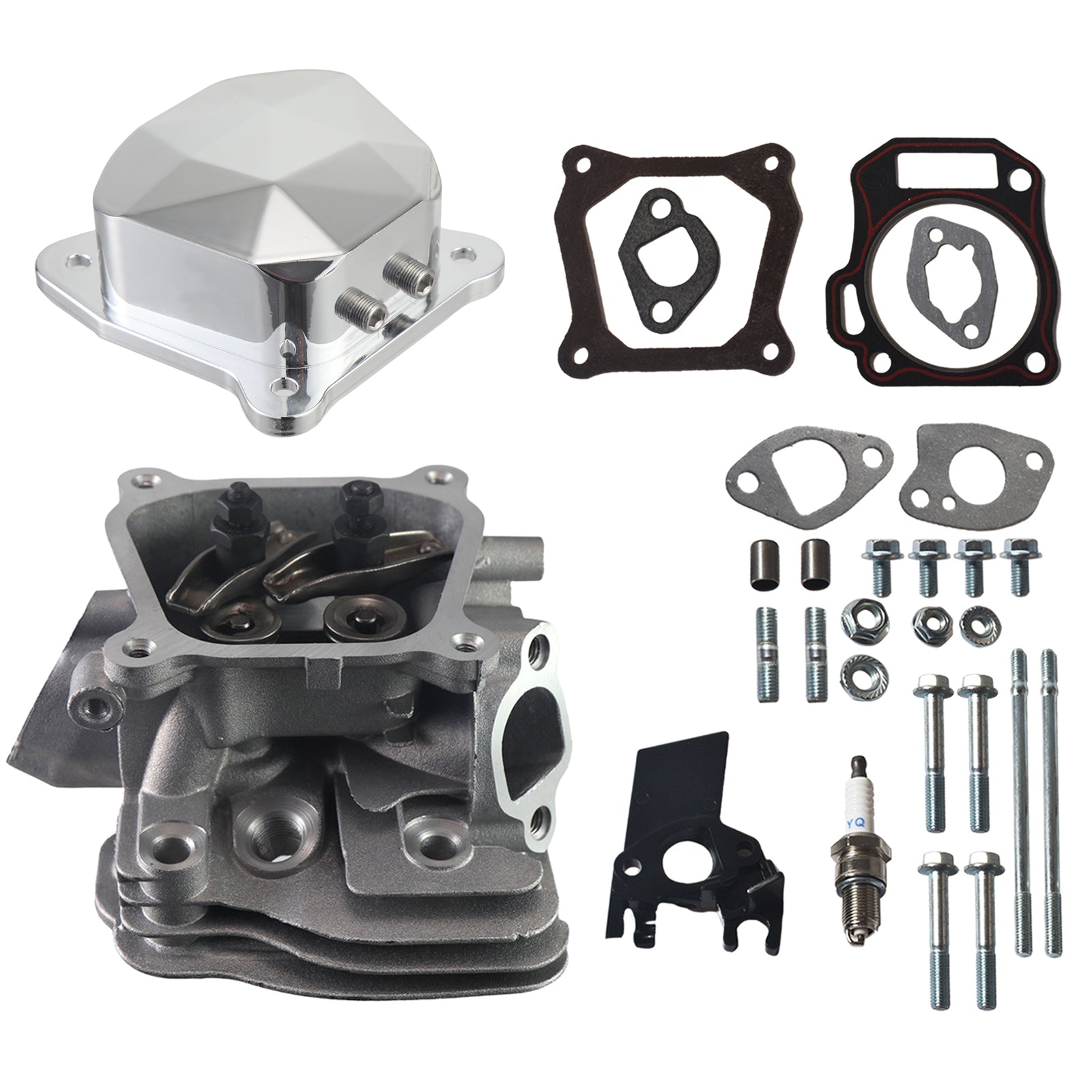 Assembled Cylinder Head CNC Diamond Valve Cover Kit for Honda GX160 GX200 for Predator 212cc Non-Hemi Engines, with Gaskets & Spark Plug Fits Generators, Water Pumps, Pressure Washers（Silver）
