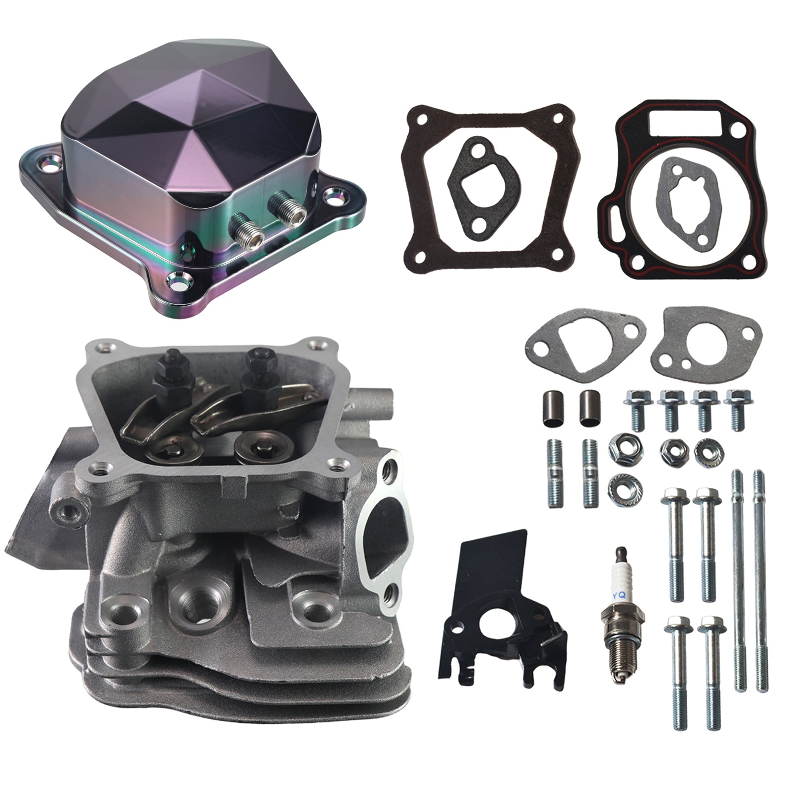 Assembled Cylinder Head CNC Diamond Valve Cover Kit for Honda GX160 GX200 for Predator 212cc Non-Hemi Engines, with Gaskets & Spark Plug Fits Generators, Water Pumps, Pressure Washers（Colorful）