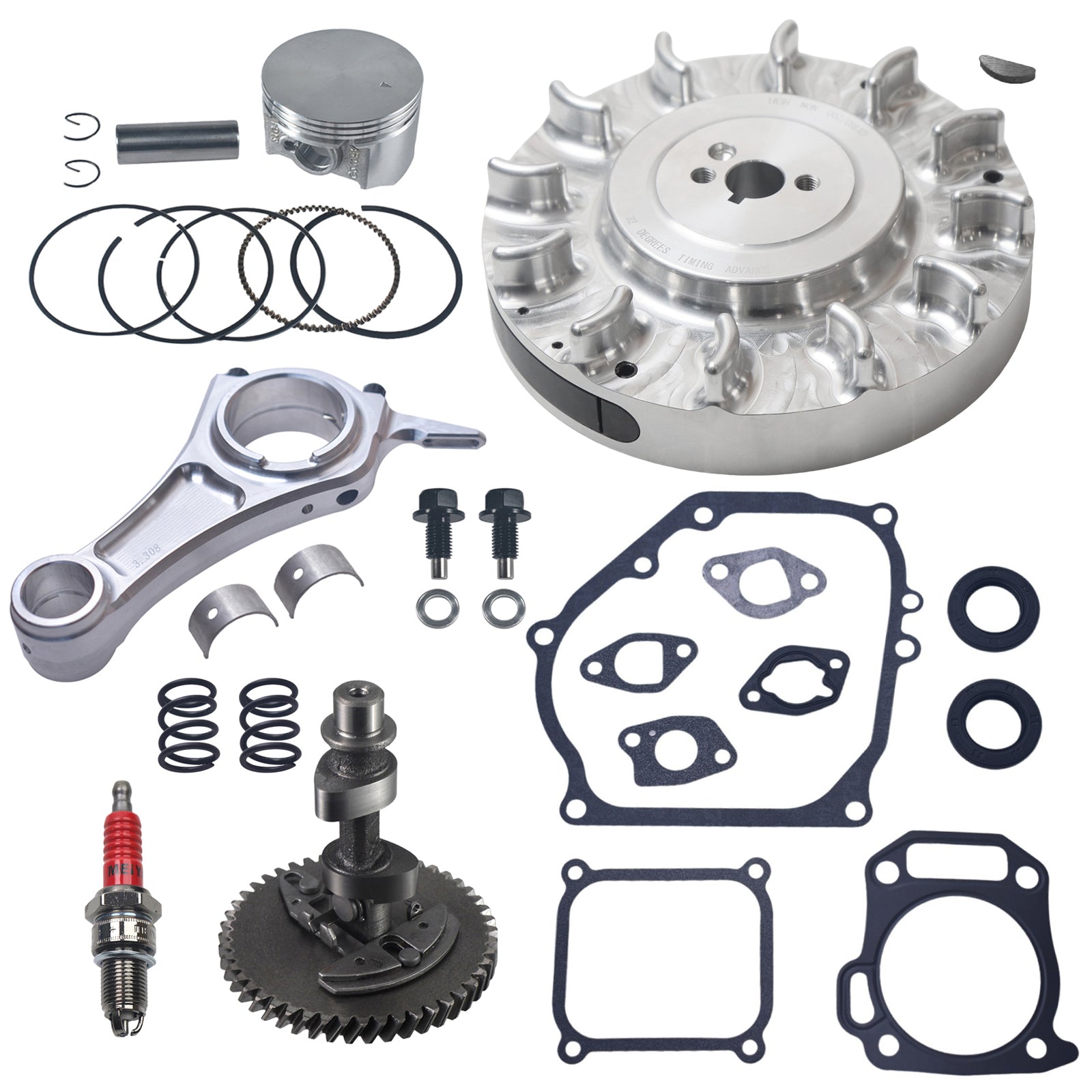 Billet Aluminum Flywheel .308 Hemi Camshaft 3.308 Connecting Rod 70mm Flat Top Piston Performance Engine Upgrade Set for Predator 212cc Hemi Go Kart Mini Bike Parts