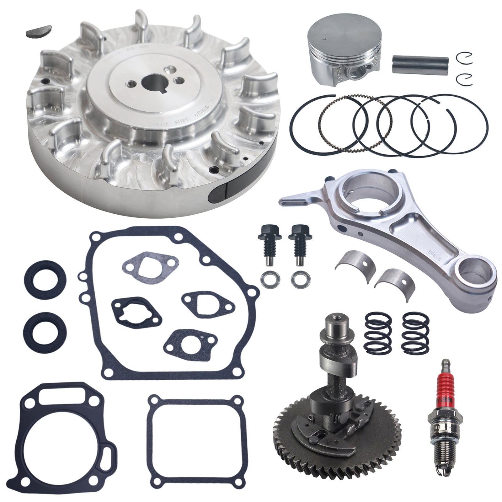 Billet Aluminum Flywheel .265 Camshaft Billet Rod（3.308）Performance Kit with 70mm Flat Top Piston 26lb Valve Spring for Predator 212cc Hemi Predator Engines Minibike Go Kart Performance Parts