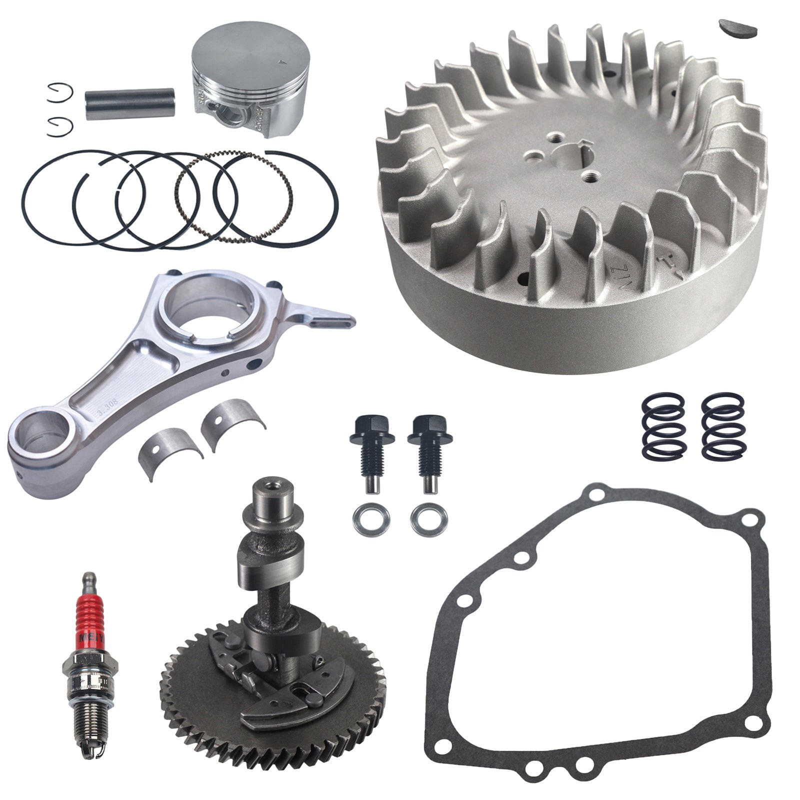 .265 Camshaft and 3.308" Billet Aluminum Connecting Rod and 10krpm Flywheel with 70mm Flat Top Piston and 26lb Valve Spring Kit for Predator 212cc Hemi Engine Go Kart Cart