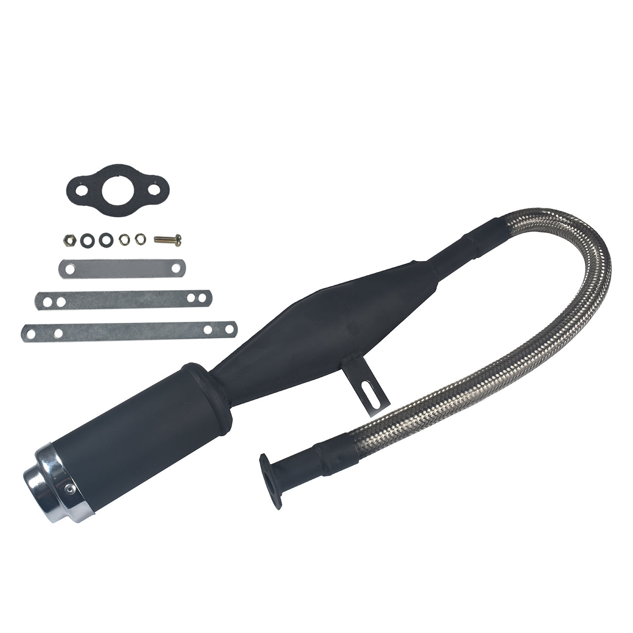 Flexible Exhaust Muffler Pipe Silencer Chain Tensioner Adjuster with Offset Intake Manifold Kit For 49cc 60cc 66cc 80cc 100cc 2 Stroke Engine Motorized Bicycle Bike Gas Motor Parts - Silver