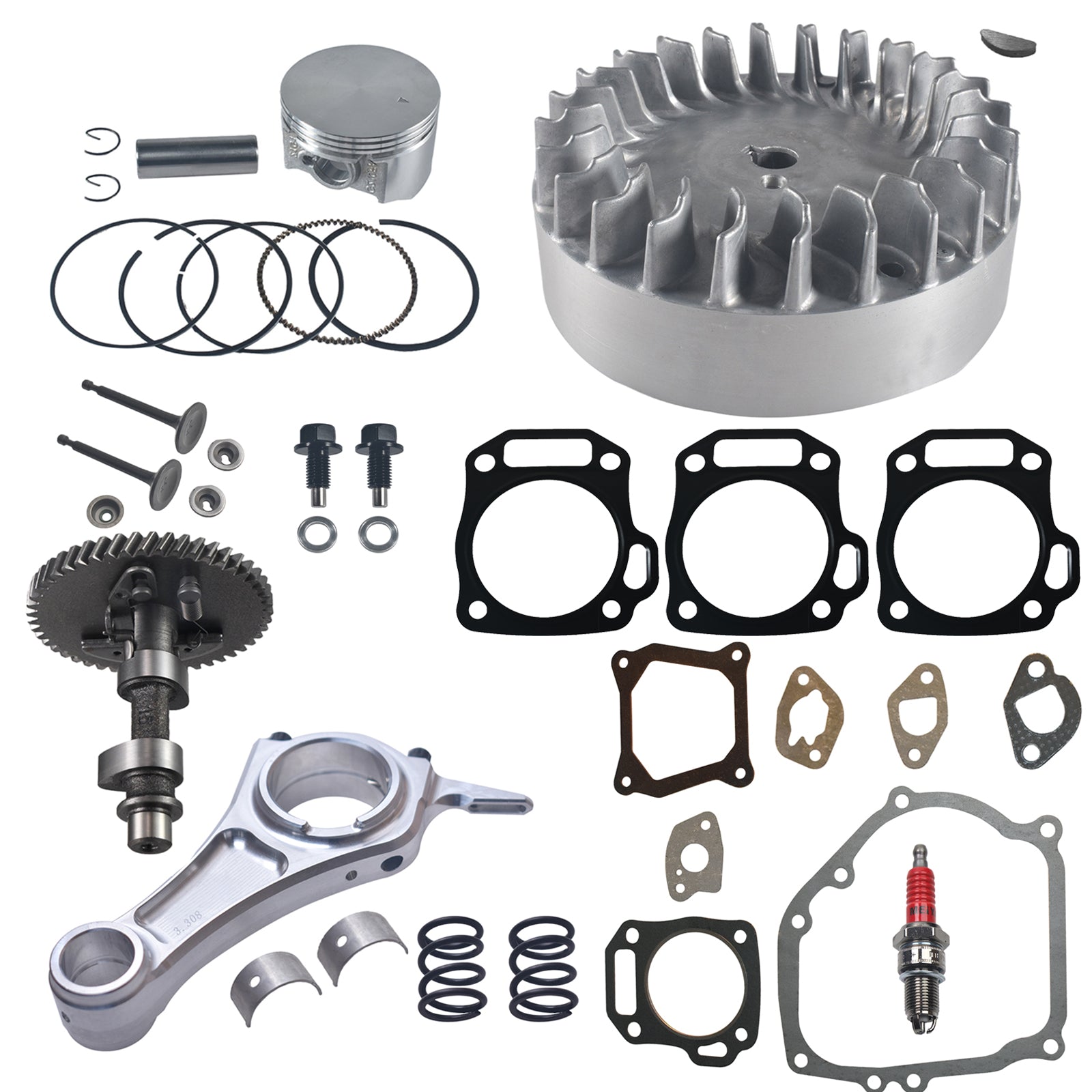 .308 Camshaft With 3.308" Billet Aluminum Connecting Rod And 10krpm Flywheel With 26lb Valve Spring And 70mm Flat Top Piston Kit For Predator 212cc Non-Hemi Engine Minibike Go Kart Performance Parts