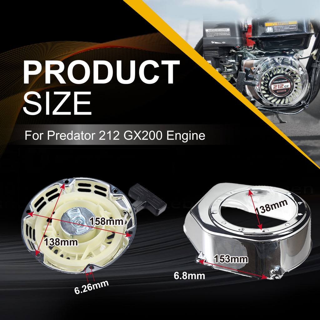 Pull Start Recoil Starter Assembly w/Recoil Fan Cover Shroud Housing kit for Predator 212 Colema* BT200X CT200U 212cc Mini Bike, KT196 Go Kart for Hond* GX160 GX200 Engine