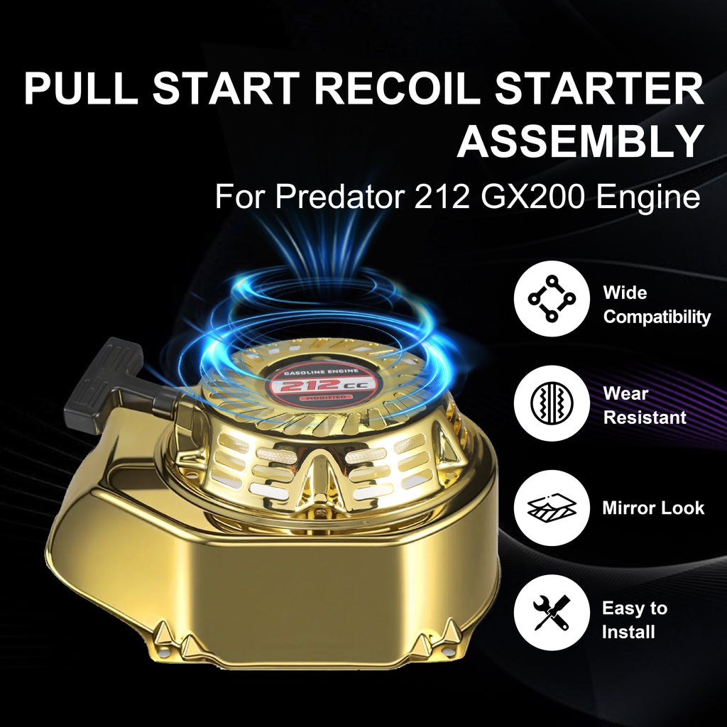Pull Start Recoil Starter Assembly w/Recoil Fan Cover Shroud Housing kit for Predator 212 Coleman BT200X CT200U 212cc Mini Bike, KT196 Go Kart for Honda GX160 GX200 Engine Gold