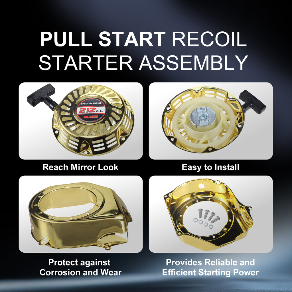 Pull Start Recoil Starter Assembly w/Recoil Fan Cover Shroud Housing kit for Predator 212 Coleman BT200X CT200U 212cc Mini Bike, KT196 Go Kart for Honda GX160 GX200 Engine Gold