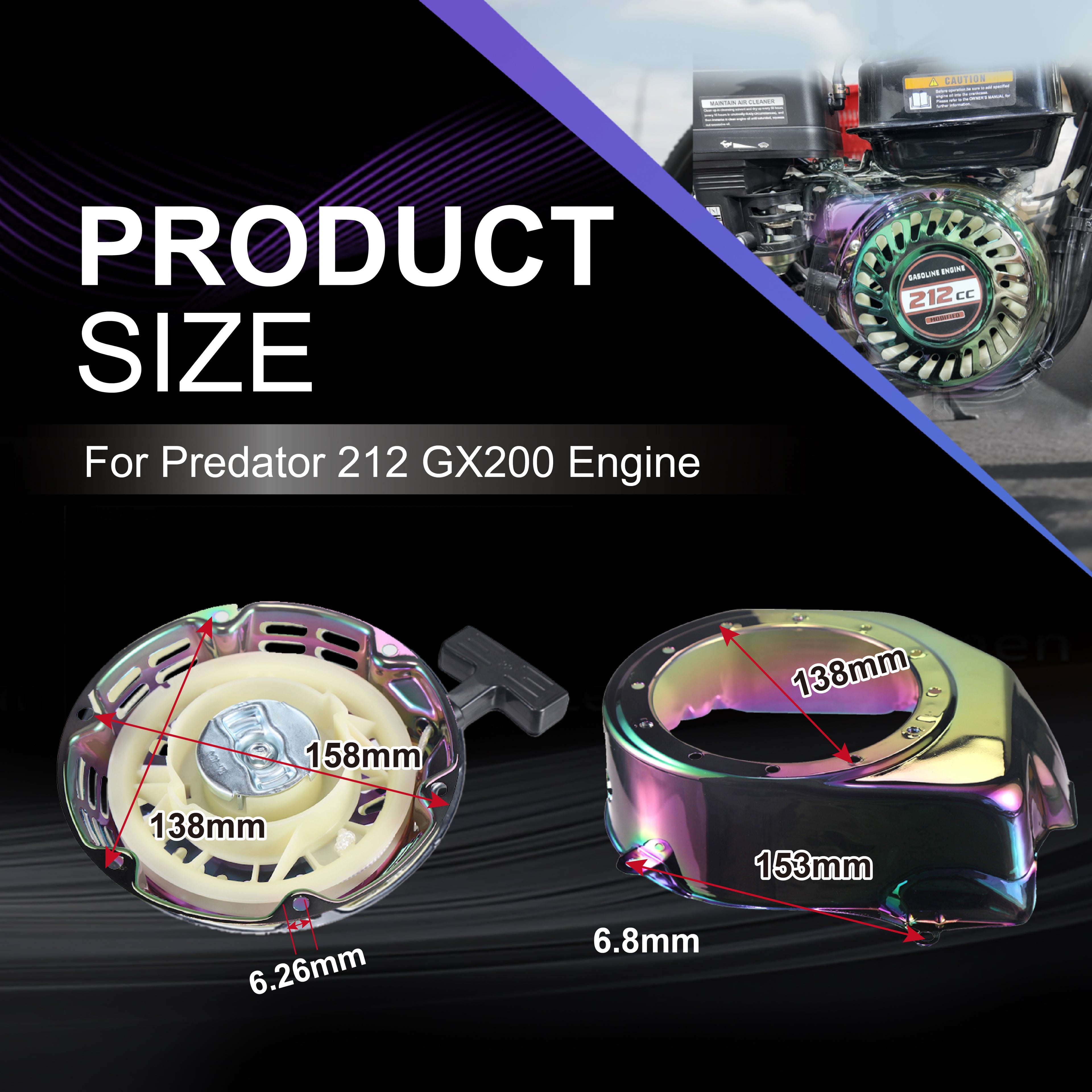 Premium Pull Start Recoil Starter Assembly Kit w/Fan Cover Shroud Perfect Fit for Predator 212 Coleman BT200X/CT200U 212cc Mini Bikes & Honda GX120/GX160/GX200 Engines Colorful
