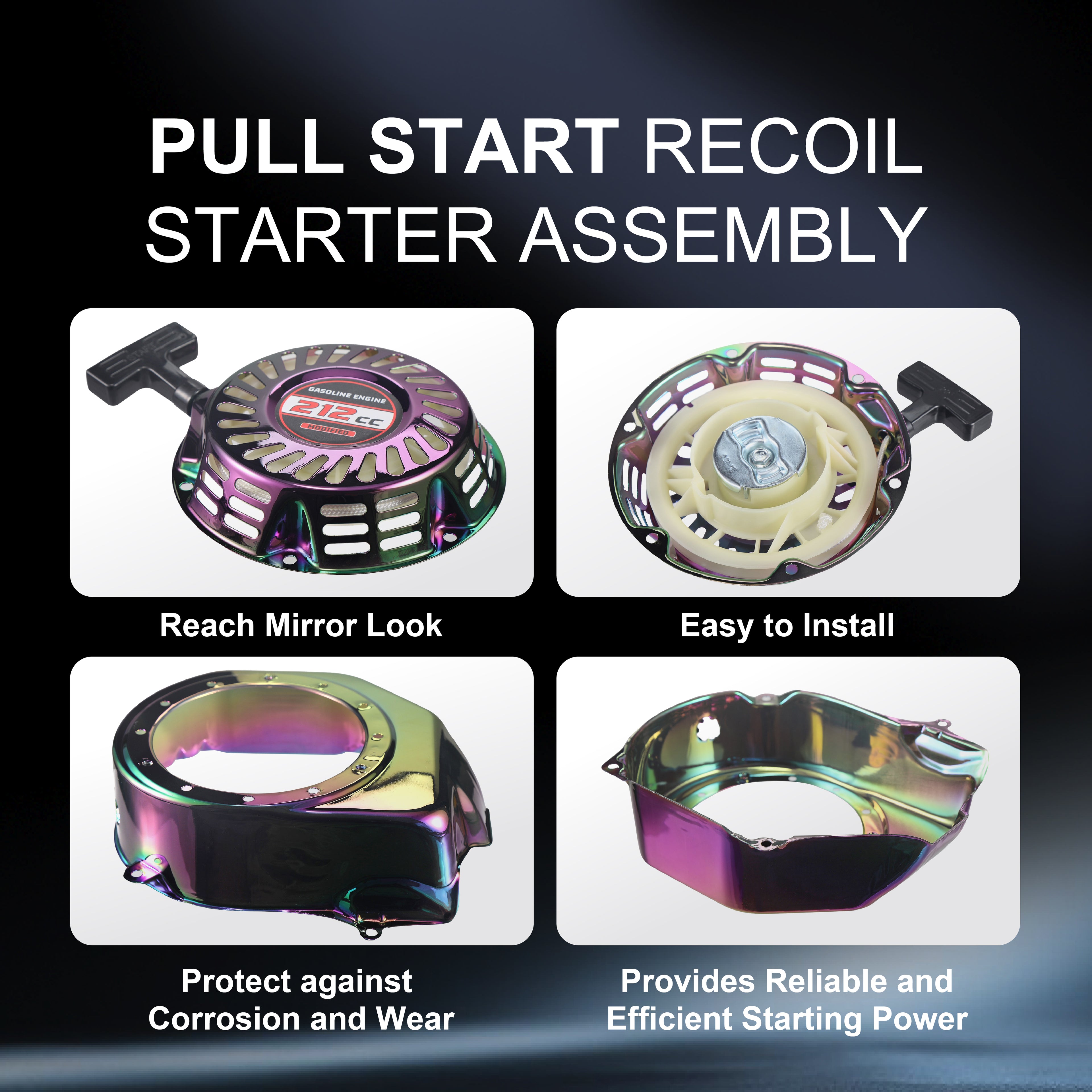 Premium Pull Start Recoil Starter Assembly Kit w/Fan Cover Shroud Perfect Fit for Predator 212 Coleman BT200X/CT200U 212cc Mini Bikes & Honda GX120/GX160/GX200 Engines Colorful
