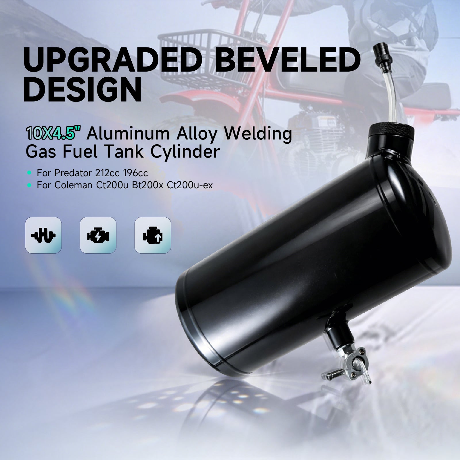 Upgraded beveled design 10x4.5" Aluminum alloy welding Gas Fuel Tank Cylinder(Premium Glossy Paint Finish ) For Predator 212cc 196cc/6.5HP Go Kart & Mini Bike,For Coleman CT200U BT200X CT200u-ex