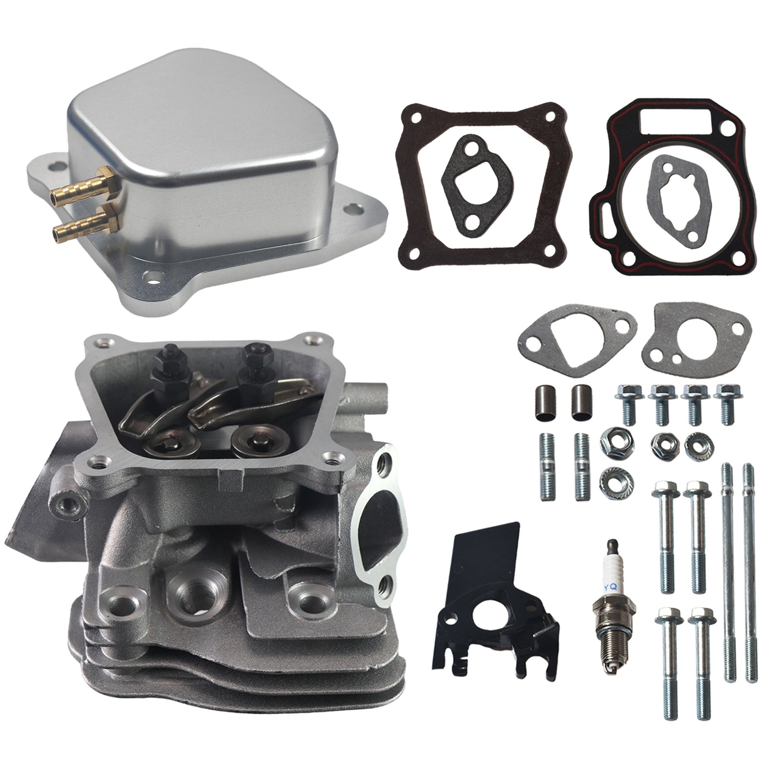 Assembled Cylinder Head CNC Valve Cover Kit for Honda GX160 GX200 for Predator 212cc Non-Hemi Engines, with Gaskets & Spark Plug Fits Generators, Water Pumps, Pressure Washers（Silver）